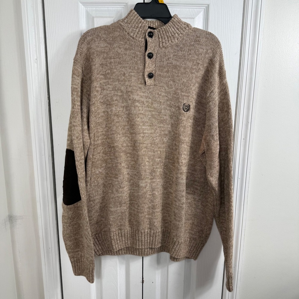 Chaps Mock Neck Sweater XXL Tan Elbow Patch Dark Academia Preppy Knit